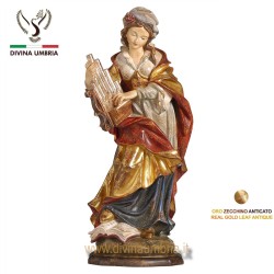 Statua di Santa Cecilia in legno colorato foglie oro zecchino