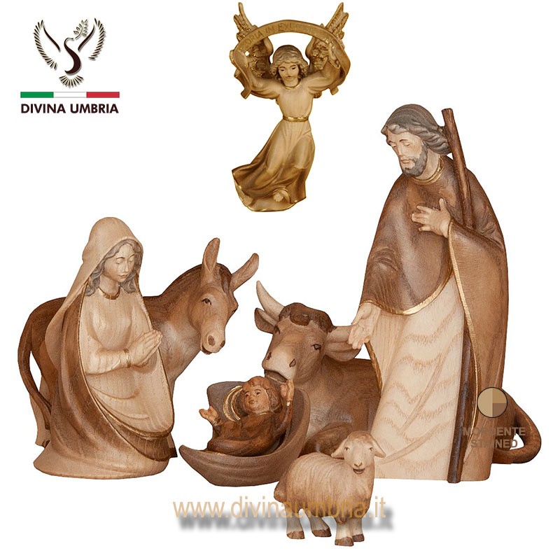 Presepe in legno - Sacra Famiglia, bue, asinello e Angelo Gloria