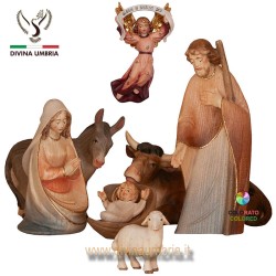 Nativity set wooden statue - Holy Family with ox, donkey and Gloria Angel